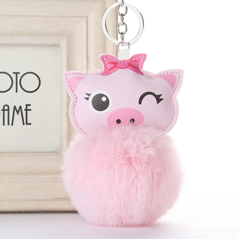 

2019 Cute Chaveiro Pink Pig Keychain Pompom fur Key Chain Gifts for Women girls Llaveros Mujer Car Bag Accessories Key Ring MQ35
