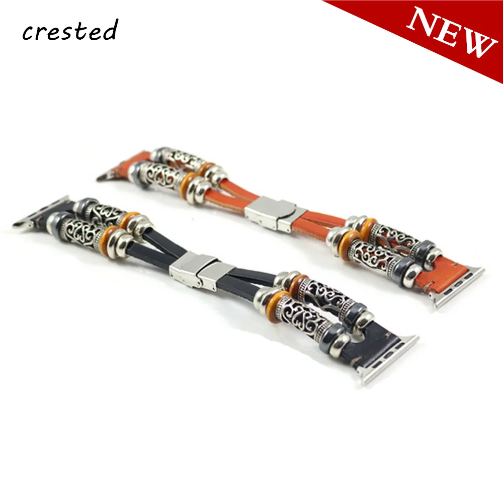

Genuine Leather strap for apple watch band 42mm 38mm Leather watchband 100% Handmade Beads belt Bracelet for iwatch 3/2/1