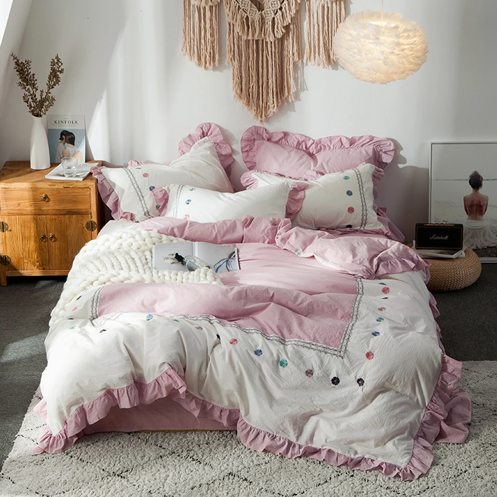 

2018 Pink Flowers Bedding Sets Wash Cotton Embroidery Bedlinens Queen King Flat or Fitted Sheet Duvet Cover Set Pillowcases