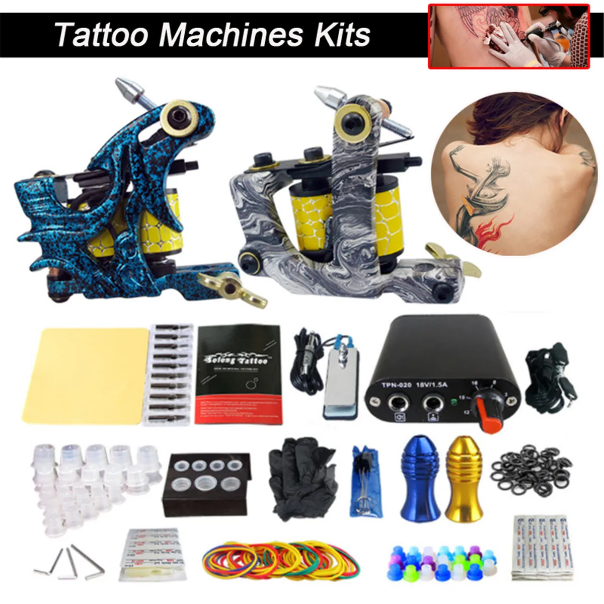 

Professional Tattoo Coil Machine Kits Two Machines Completed Tattoo Power Supply Ink Kits Two Machines for Artist Tattoo Kit Set
