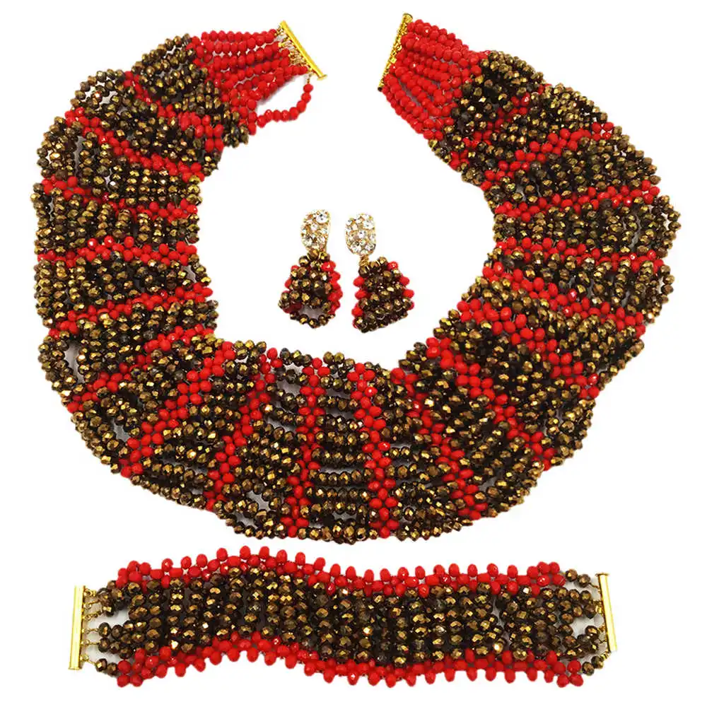 

Fashion Golden Brown Red Nigerian Beads Jewelry Set African Wedding Necklace Earrings 10C-SXK-005