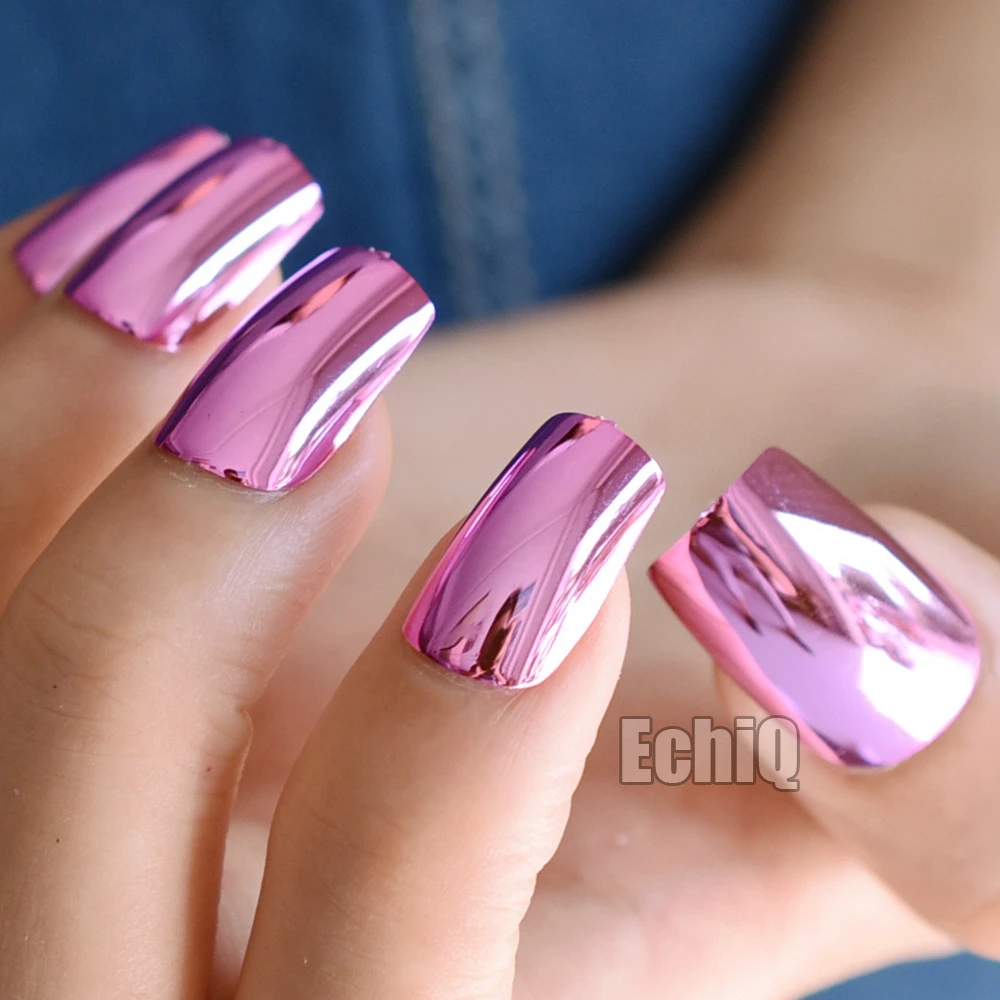 Длинные квадратные накладные ногти, розовые, красные зеркальные металлические накладные ногти, красивые блестящие сексуальные дизайнерские ногти