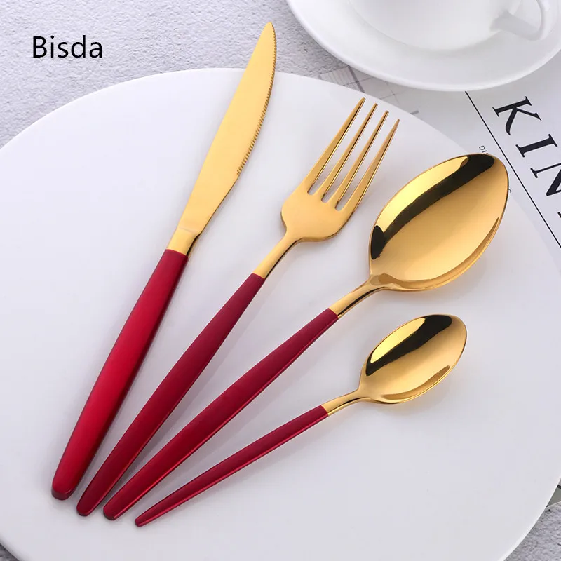 4 pieces Flatware set gold plated and white handle stainless steel