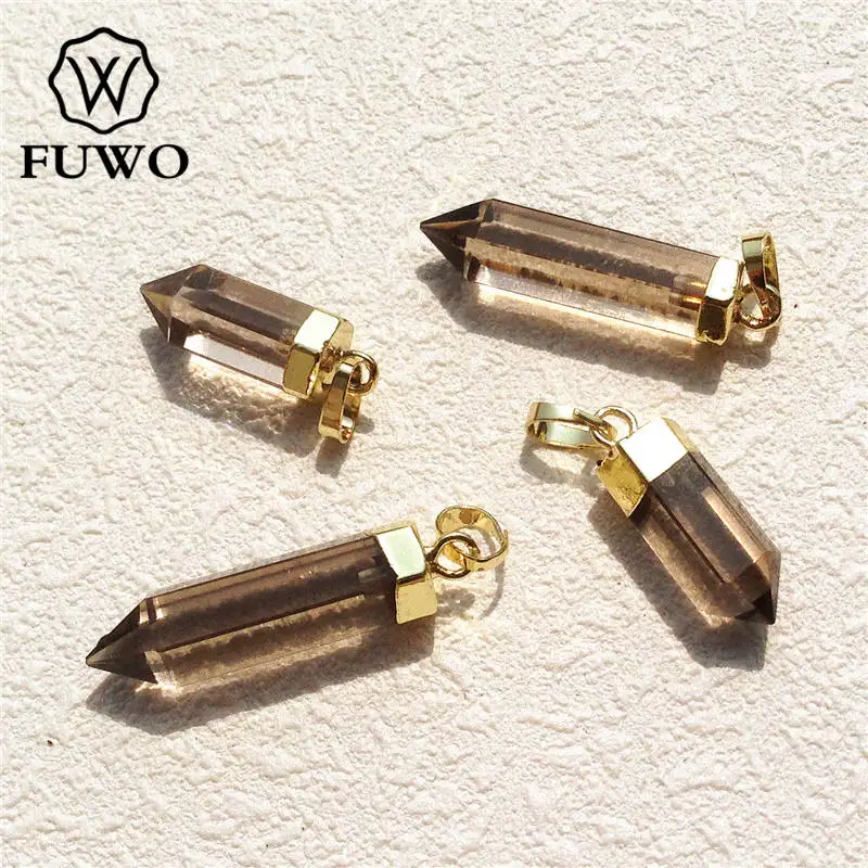 

FUWO Smoky Color Quartz Point Pendant 24K Gold Electroplated High Quality Spike Shape Raw Crystals Stick Jewelry Wholesale PD118