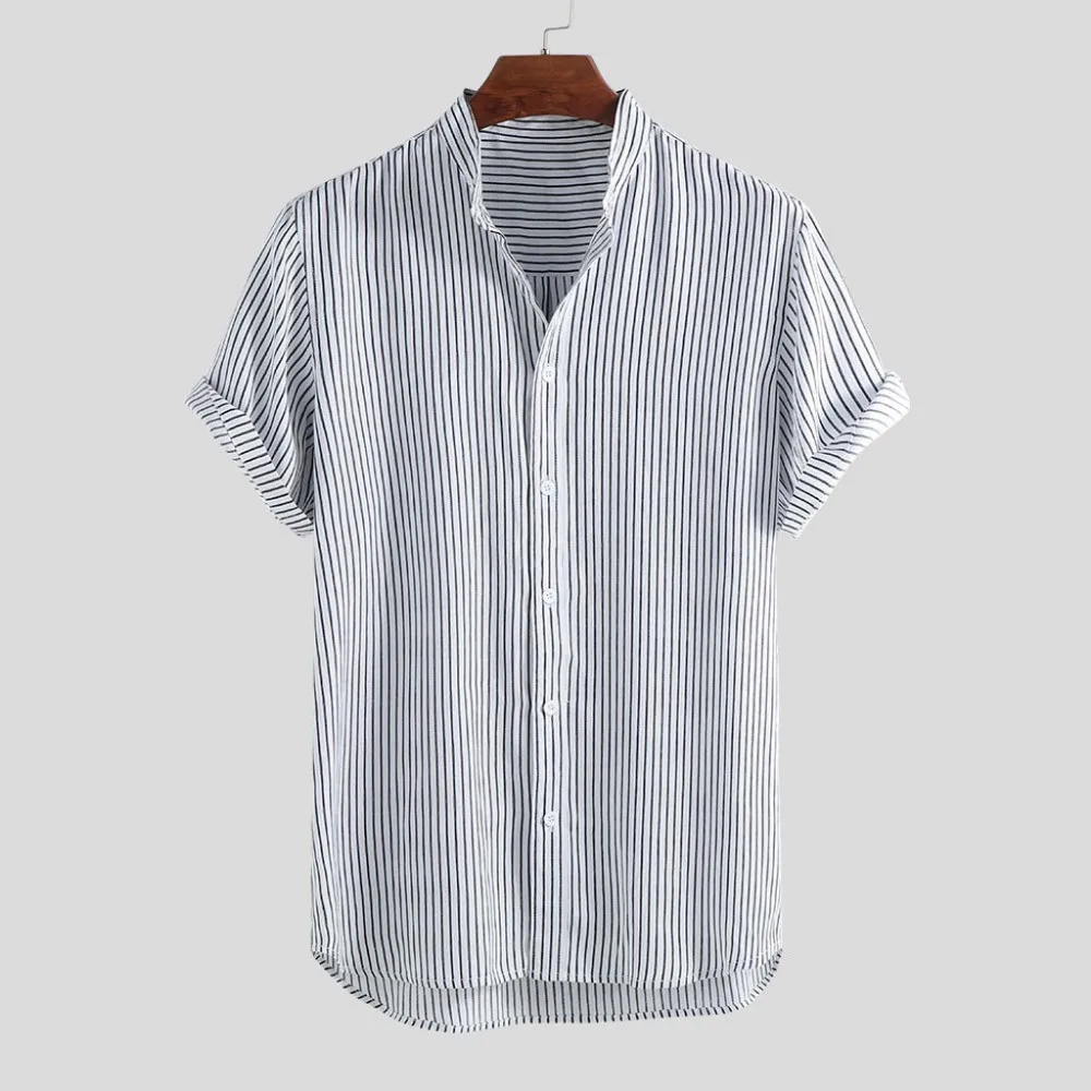 2019 men's stand collar striped summer short-sleeved running T-shirt loose buckle casual sports shirt short sleeve outdoor 40J11 (6)