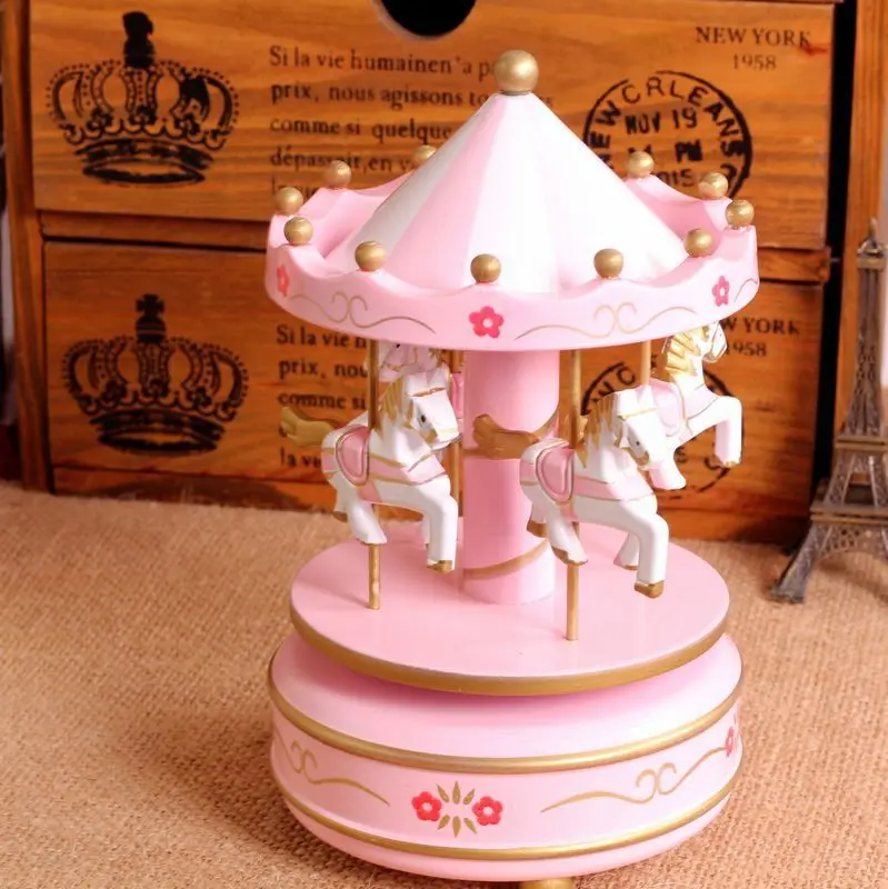 

Pink Carousel music box merry-go-round wooden music box, unusual gifts, music boxes for girls free shipping