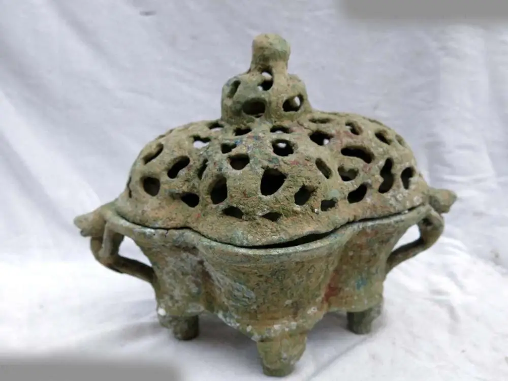 

China old bronze censer carved four feet two ear Incense Burner sculpture Statue