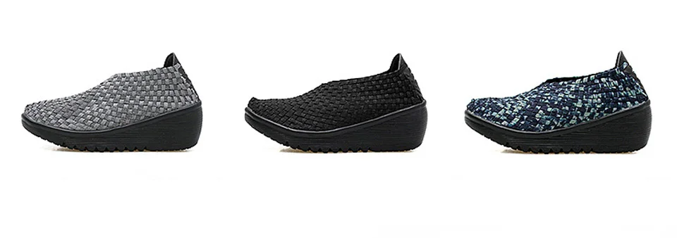 EOFK Breathable Women Woven Shoes loafers Handmade Elastic Woven Slip On Nylon Platform Wedges Shoes Woman