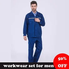 Мужской саржевый комбинезон на молнии спереди со светоотражающими полосками Мужская Спецодежда костюм прочная и дышащая машина стирка оранжевый/синий/красный