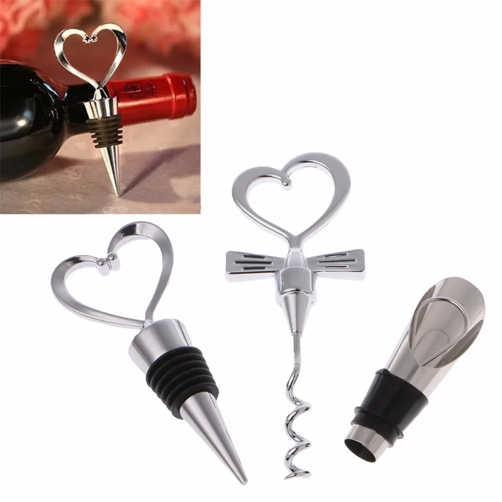 3Pcs/set Stainless Steel Wine Pourer Stopper Love Heart Shape Corkscrew Set Bottle Opener Bar