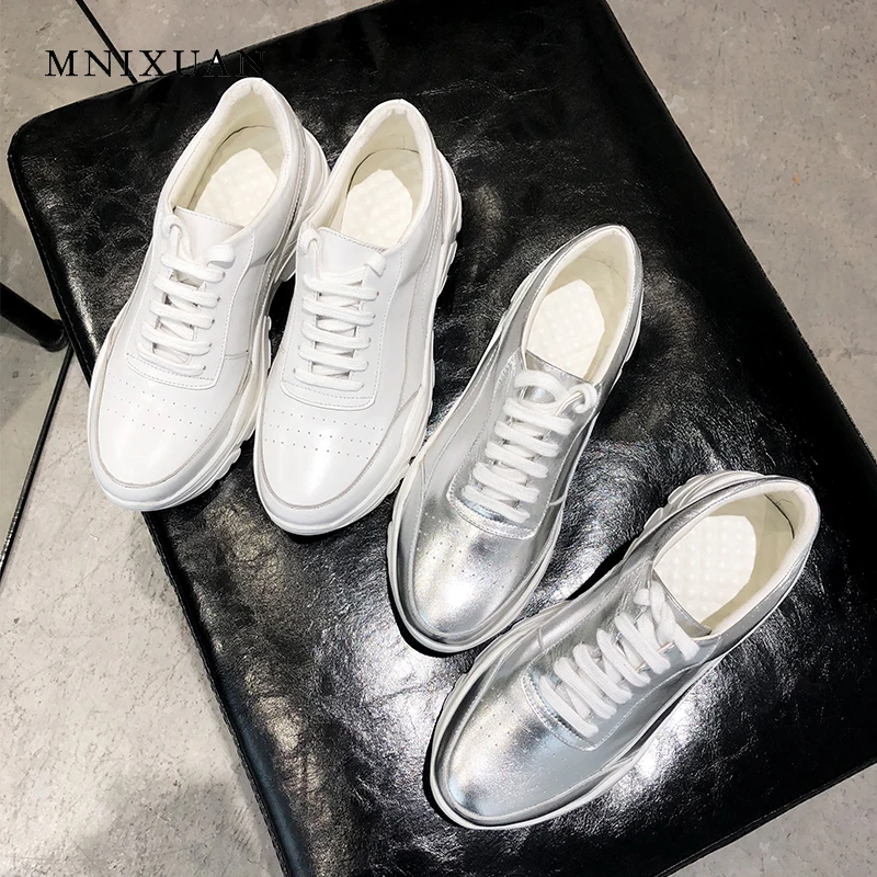 

MNIXUAN Korean leisure women flat platform shoes 2019 new fashion round toe genuine leather lace up casual shoes big size 34-43