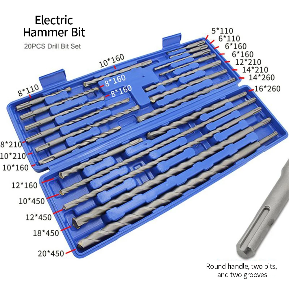 

20pcs 1 Box SDS Plus Rotary Drill Bits Electric Hammer Drill Set Concrete Masonry Hole Universal Tool Set Repair Kits