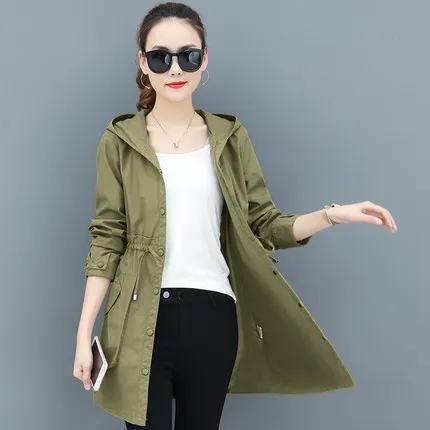 Spring Autumn Trench Coat Women Full Sleeve Thin Overcoat Medium Long Windbreaker Female New Temperament Hooded Clothing - Цвет: green