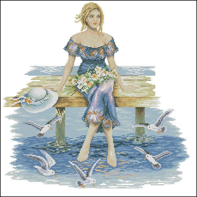 CS-1166 cross stitch kit flower girl lady woman at sea with seagull Lanarte 34868.jpg