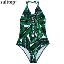 suittop цельный купальник зеленый лист печати купальники женщин холтер купальник один кусок монокини 2017 xx543