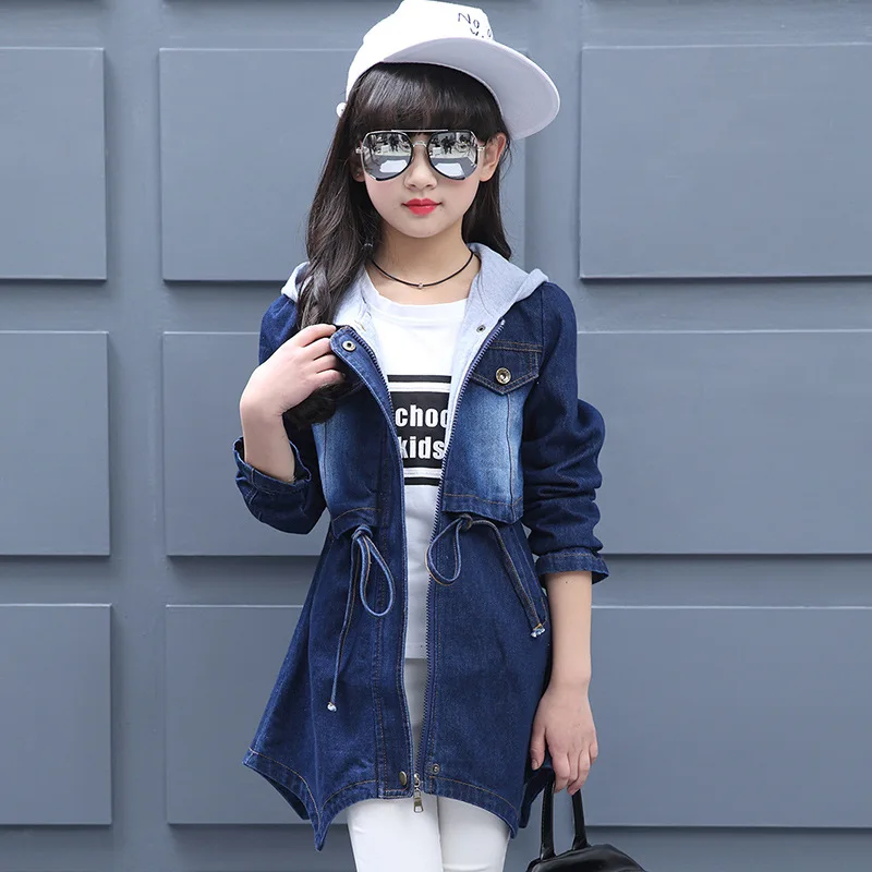 Elegant Long Denim Jacket Coat Girls Clothes Spring 2017 Fashion Coat Trench Girls Jacket Floral