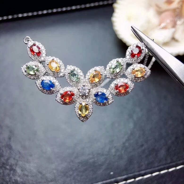 [MeiBaPJ] очень редкий натуральный цветной сапфировый цветок кулон ожерелье с сертификатом 925 чистого серебра ювелирные украшения для женщин