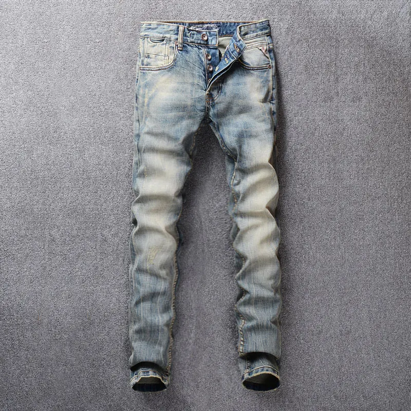 

Vintage Classical Men Jeans Retro Washed Slim Fit Little Elastic Denim Pants 98% Cotton Fashion Jeans Men Basic Buttons Jeans