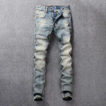 

Vintage Classical Men Jeans Retro Washed Slim Fit Little Elastic Denim Pants 98% Cotton Fashion Jeans Men Basic Buttons Jeans