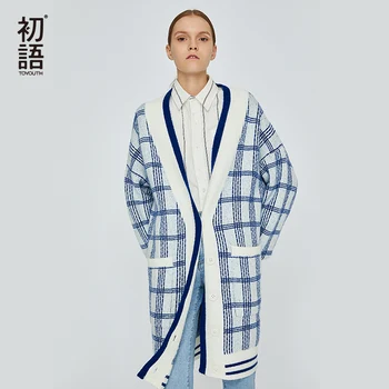 

Toyouth Blue Plaid Cardigan Oversized Long Cardigan Casual Korean Winter Cardigans Ladies Christmas Sweater Harajuku Jumper