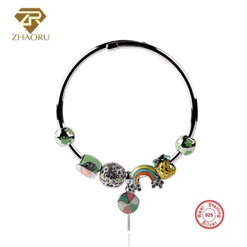 

Zhaoru Authentique 925 Sterling Silver Bangles Crystal bracelet Pink Enamel Bangle for Gift Women Fashion Fine Jewelry