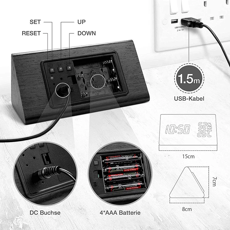 Цифровой Деревянный Будильник Светодиодный дисплей Голосовое управление usb зарядка Будильник Повтор времени температура и влажность дисплей настольные часы