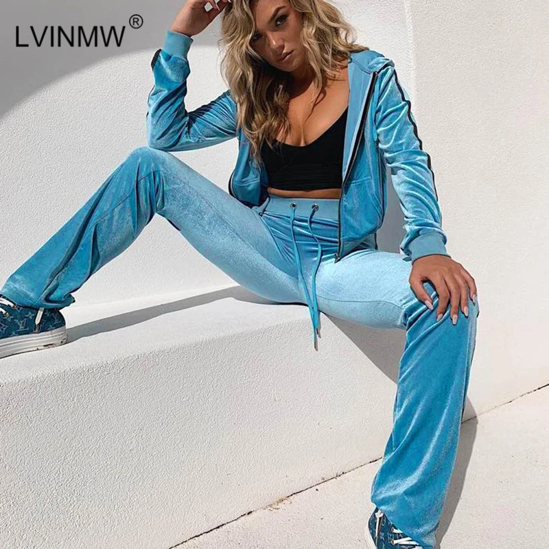 LVINMW Casual Velvet Two Piece Set Zip Side Striped Pocket Hoodies Female High Waist Drawstring Slim Pants Tracksuit Women New