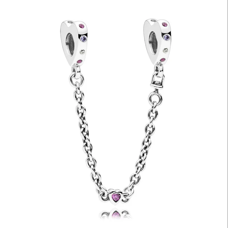 

2018 New Authentic925 Sterling Silver Bright Hearts Safety Chain Charm Pink Crystals Fit Pandora Bracelet Bead DIY Jewelry