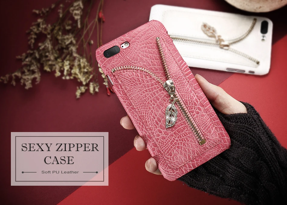 Zipper Leather Case For iPhone 6 6S 7 Plus 5 5S Rhinestone Leaf Crocodile Pattern (12)