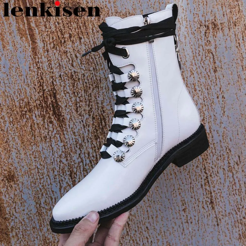 Classic motorcycle boots zipper round toe genuine leather metal decoration round toe low heels rock style mid-calf boots L57 Classic motorcycle boots zipper round toe genuine leather metal decoration round toe low heels rock style mid-calf boots L57