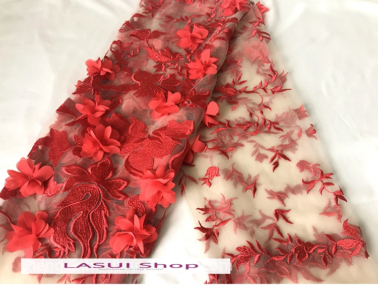 LASUI NEW 1 yard FOR Wedding dress skirt decorative cloth X0543 High quality RED 3D flower embroidered mesh lace fabric