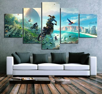 

5 Piece Fantasy Art HD Picture Trials Rising Video Game Poster Cartoon Motorcycle Picture Landscape Wall Art for Home Decor