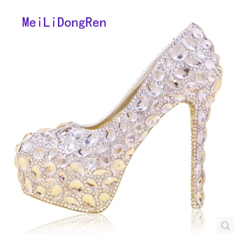 

New Brand High Heels Diamond Wedding Shoes Bride Pumps Platform Shoes Glitter Woman Party Dress Shoes Big Size 34-43