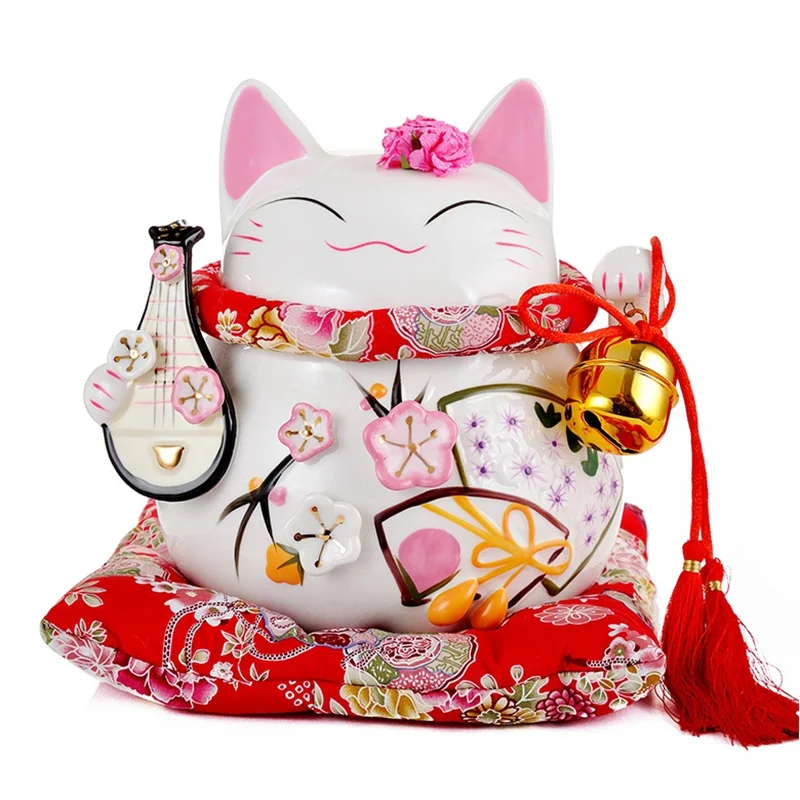 8 дюймов керамика Maneki Neko орнамент розовый белый lute дизайн Lucky Cat Копилка фигурка домашний декор Фортуна кошка с колокольчиком - Цвет: C