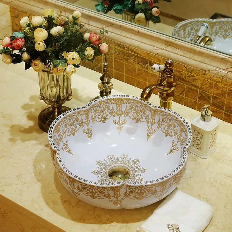 

Free shipping european style flower shape gold decoration ceramic porcelain bathroom sinks lo1122349