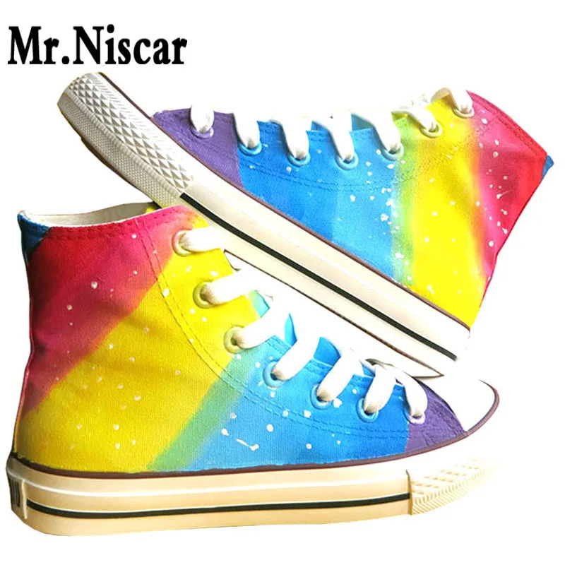 High Top Lace Up Style Women Rainbow Graffiti Canvas Shoes Colorful Gradient Hand Painted Casual Shoes