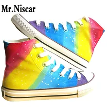 High Top Lace Up Style Women Rainbow Graffiti Canvas Shoes Colorful Gradient Hand Painted Casual Shoes
