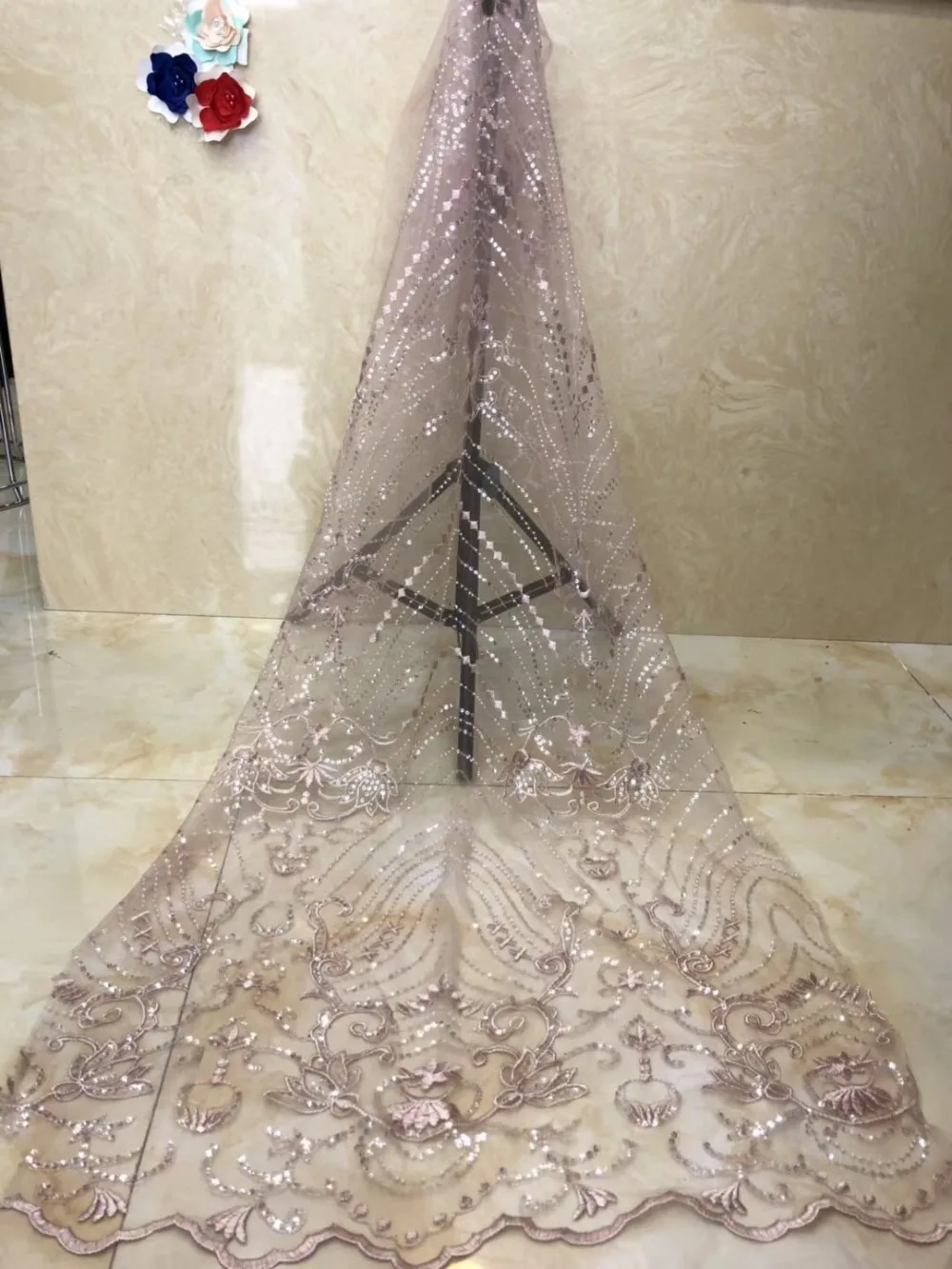 

French lace fabric 5yds/pce dhl gold sequins embroidery fabrics women gorgeous luxury bright party event show dress 2019 new
