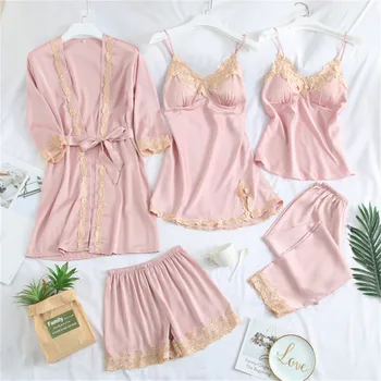 

Summer new 5pcs Sexy Lady Lace Kimono Bathrobe Loose Sleepwear Belt Nightwear Casual Bride Bridesmaid Wedding Robe Nightgown