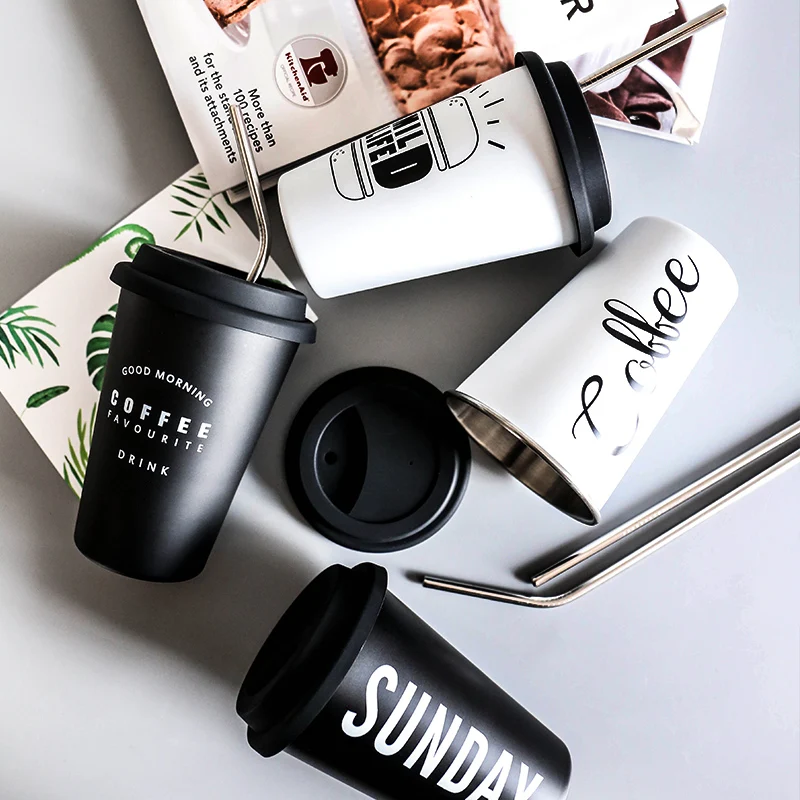 

Black White Stainless Steel Coffee Mugs Hand Cup With Silicone Lid Mug Tea Milk Cups Home Office School Chic Creative Gift 1PCS
