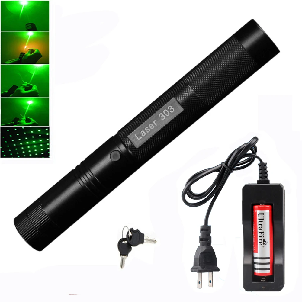 

High Power 532 nm Green Laser Sight laser pointer Powerful device Adjustable Focus Burning with laser 303+charger+18650 Battery
