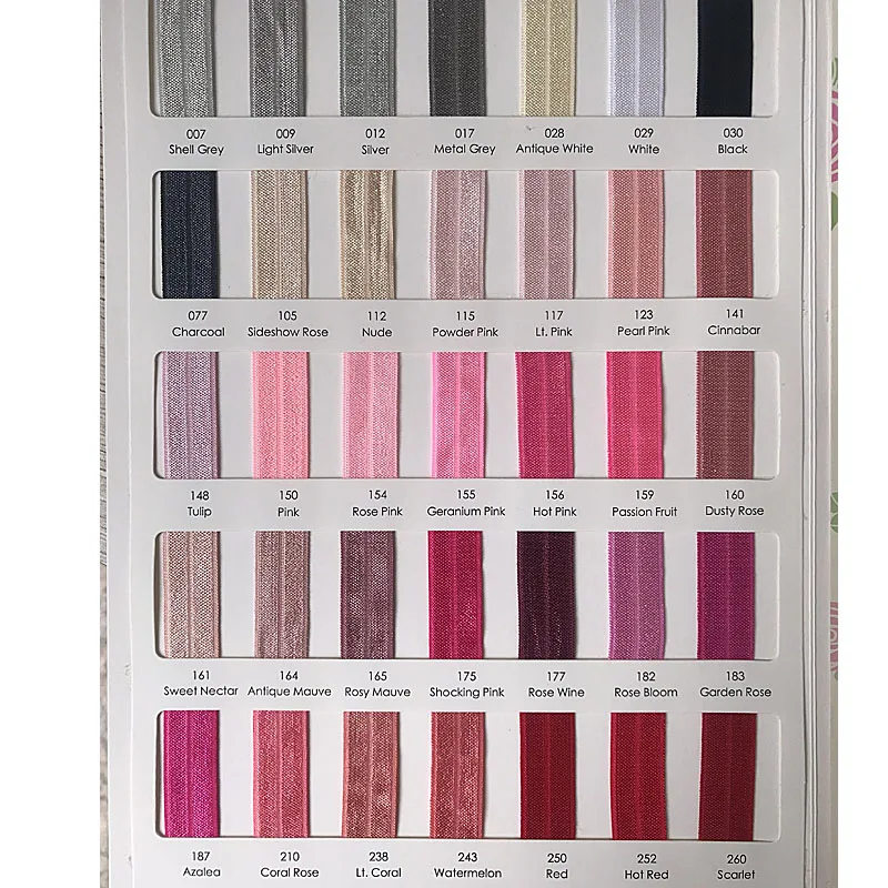 

(Color chart only) Without logo 5/8 Solid Fold Over Elastic color chart, 105 Colors soft nylon FOE in stock