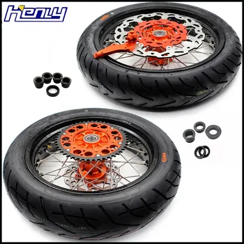 

3.5/4.25 Super moto Cush Drive Wheel Set CST Tires For KTM 690 SMC 2007-2011 Supermotard Rim Orange 320mm Oversize Disc Sprocket