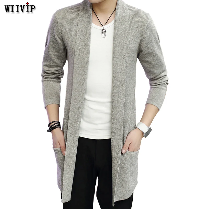 

WIIVIP Men Autumn And Winter Dress New Pattern Man Clothing Middle-long Cardigans Sweater Solid Color Tide long YW037