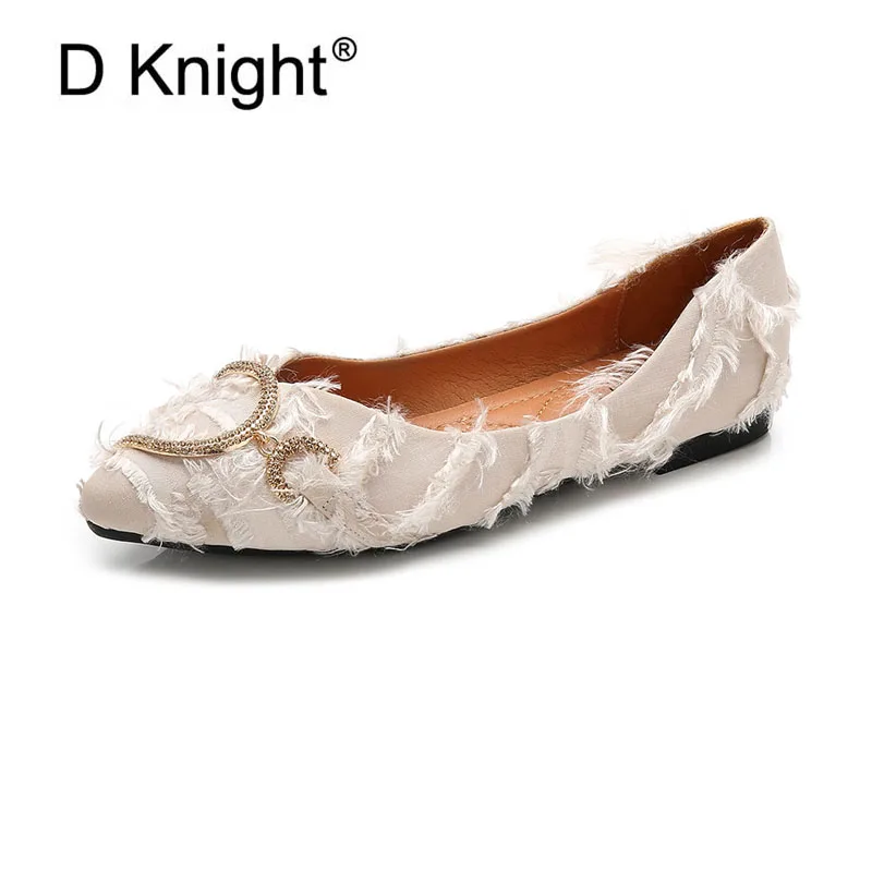 

New Autumn Female Flat Casual Shoes Comfortable Fashion Flock Crystal D Buckle Women's Flats Large Size 34-42 Pointed Toe Flats