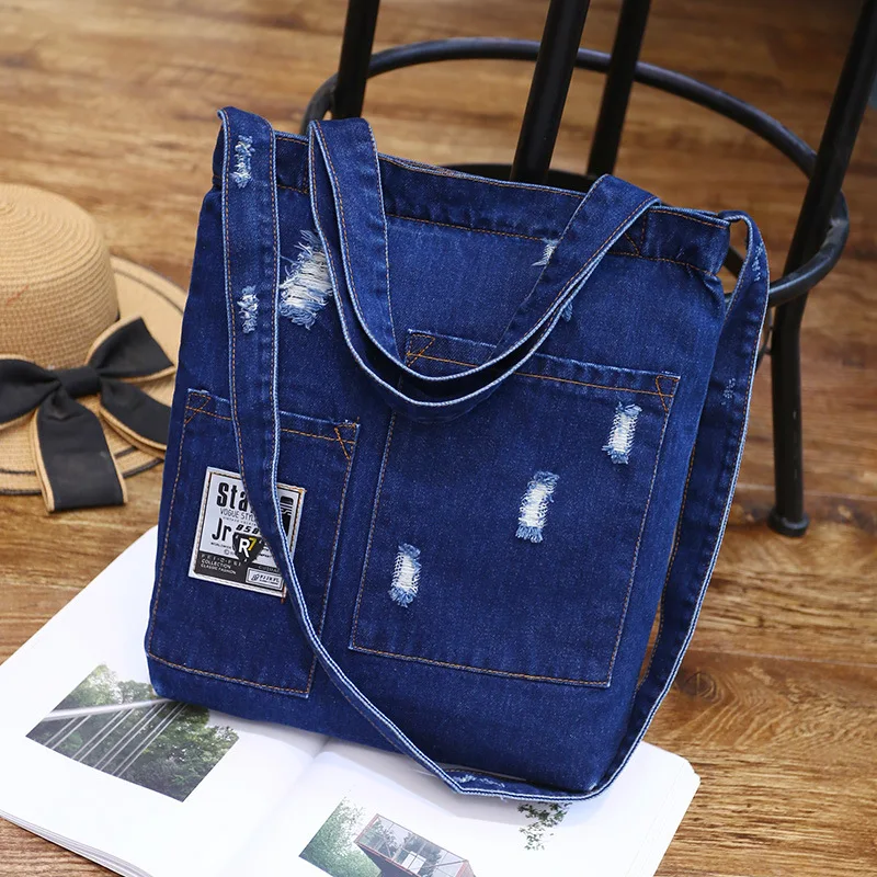

New Fashion lady Denim Shoulder Bag Cowgirl Handbag Female Shopping bag Lady Ripped Jeans Design School Books Bag Casual Totes