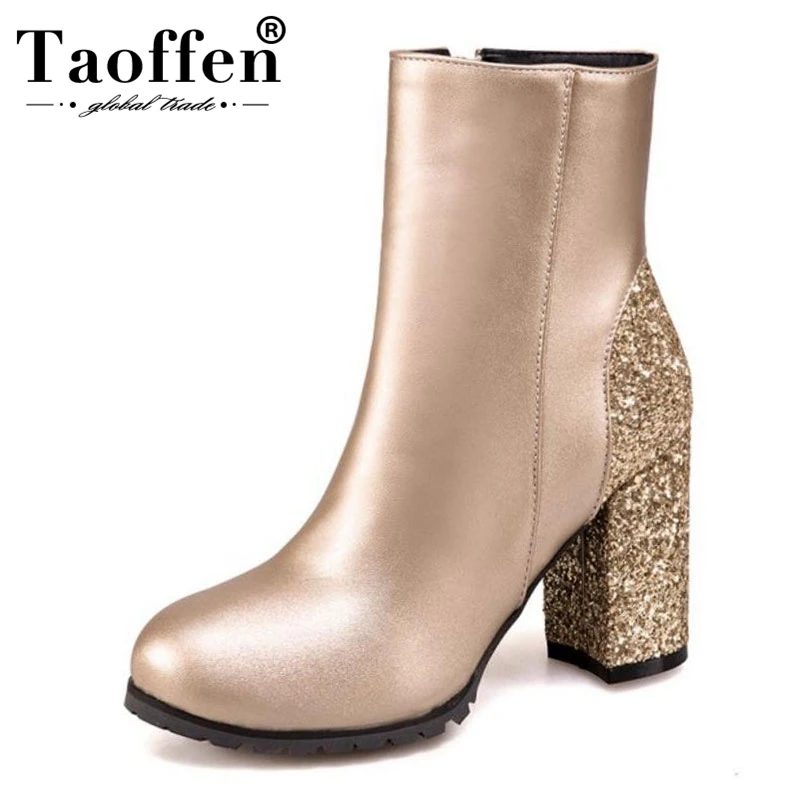 

TAOFFEN Size 31-50 New Arrival Mixed Color Boots Women Round Toe Autumn Winter Mid Calf Boots Zipper High Heels Boots Prom Shoes