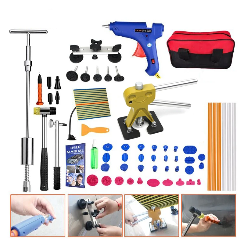 62pcs Dent Removal Kit Reflector Board Dent Puller Glue Sticks Hand Tool For Car Paintless Dent Repair 