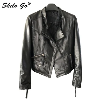 

SHILO GO Leather Jacket Womens Spring Fashion sheepskin genuine leather Coat lapel collar front zipper Casual locomotive jacket