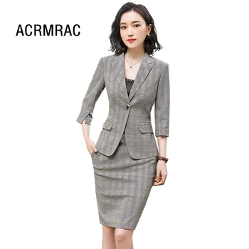 

Women suits Slim summer Plaid Half sleeve jacket skirt 2-piece set OL Formal Business Women skirt suits Woman set suits 8712